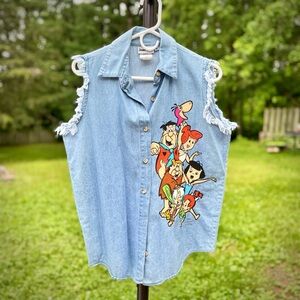 Vintage Denim Sleeveles  Jerry Leigh Flinstones printed button up Tank Size M